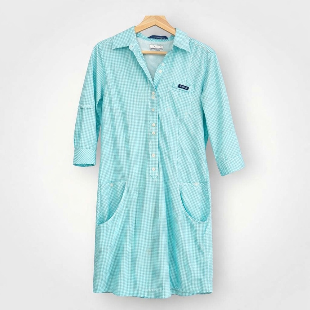 Columbia PFG Super Bonehead Dress Lt Blue Gingham 3/4 Roll Sleeve Outdoor Medium